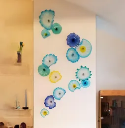 Amerikanska Murano Flower Plate Arts Lampor Blå Skugga Konstdekoration 100% handblåst glas hängande tallrikar vägg med kammusslor