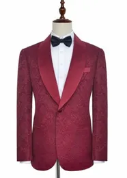 Real Picture Popular Burgundy Paisley Groom Tuxedos Side Vent Saal Lapel Män Coat Byxor Set Party Passits (Jacka + Byxor + Bow Slips) W118