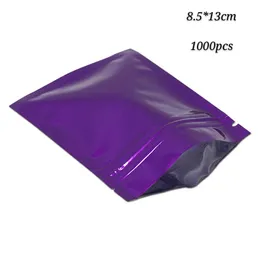 1000pcs 8,5 * 13cm Återställbar Lila Zip Lock Packing Pouches Bags Flat Glossy Livsmedelsbutik Förvaringspaket Aluminium Folie Zipper Kaffe påse