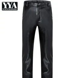 Winter Velvet Thickening Soft PU Leather Mens Full Length Pants Plus Size 29-42 High Waist Male Loose Smart Casual WarmTrousers
