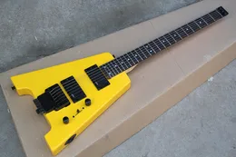 Fabriksanpassad gul huvudlös elektrisk gitarr med hh pickups, svarta hårdvaror, rosewood fretboard, som erbjuder anpassade tjänster.