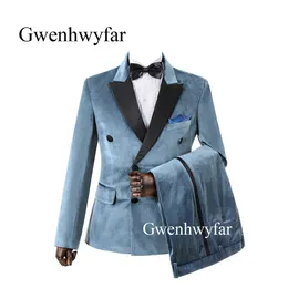 Gwenhwyfar 2020 Yeni Şampanya Çifte Breasted Velvet Sekreter İngiliz Stil Erkekler Erkekler İçin Slim Fit Blazer Düğün Takımları 2 Pics241s