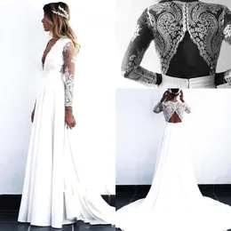 2020 Billiga stranden Bohemian Bröllopsklänningar Deep V Neck Lång Illusion Långärmade Bröllopsklänning Bröllopklänningar Vestido de Novia Robe de Mariée