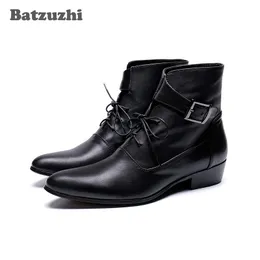 Zapatos de hombre Botas de Homens bonitos zapatos de hombre Tornozelo de Couro Preto Botas Curtas Lace-up Fivelas Botas de Moda para Homens tamanho Grande 45