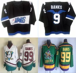 Mens Vintage Mighty Ducks Movie Jersey Hawks 9 Adam Banks Stitched Embroidery Hockey Jerseys Black White Green Fast Shipping Size S-XXXL