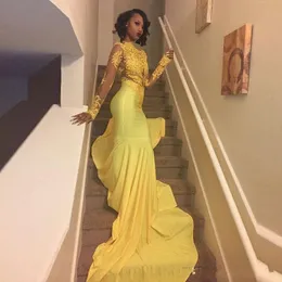 黄色のアフリカ人マーメイドウエディングドレス高ネックレースアップリケビーズの長袖セクシーなオープンバックドレスウェアパーティーガウン