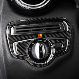 Carbon Fiber Headlight Switch Frame Cover Trim Bil Styling Klistermärke för Mercedes C Klass W205 C180 C200 GLC Tillbehör