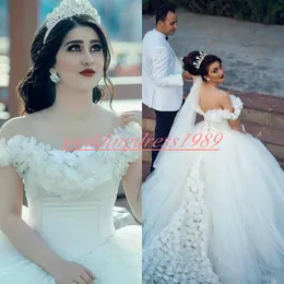 Impressionante Flor Rosa Fora Do Ombro Vestidos de Casamento Tulle 2019 Disse Mhamad Árabe Vestido de Noiva Formal Plus Size Vestido de novia Noiva bola