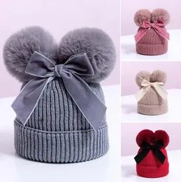 Dubbel pompom baby hatt vinter stickad barn baby flicka hatt varm tjockare barn spädbarn beanie cap tjejer bonnet casquette enfant gb1561