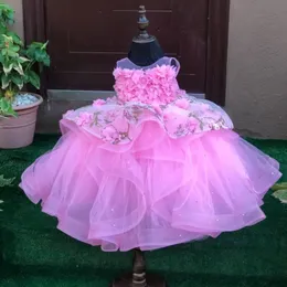 Rosa Beaded Ball Gown Flower Girl Dresses for Wedding Tiered Toddler Pageant Gowns Sheer Bateau Neck Tulle 3D Appliqued Kids Prom Dress