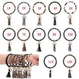 Leopard Leather Keychain Bracelets PU Wrist Key Ring Tassel Pendant Wristbands Sports Key Holder Bracelet Bangle Round Rings Fashion Jewelry