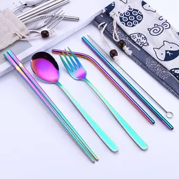 Stainless Steel Dinnerware Set Spoon Fork Chopsticks Straw With Cloth Pack Cutlery For Travel Outdoor Office Picnic BBQ RRA1899