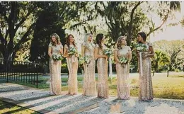 Bling Rose Gold Sequined Long Bridesmaid Mermaid Open Back Golvlängd Maid of Honor Dresses Formell aftonklänningar Party Dress