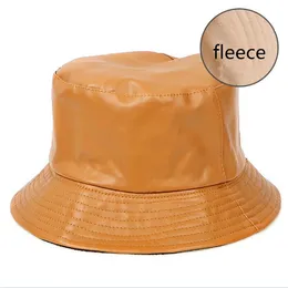 New hip hop PU leather Hat Women Men reversible bucket hat with fleece Autumn Winter Warm fishing hat
