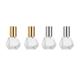 8ml Mini Portable Polygonal Clear Glass Roller Bottle Travel Essential Oil Roll On Bottle with Stainless Steel Ball Gold Silver Cap