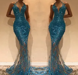 2019 Cheap Long Sequins Evening Dress Dubai Mermaid Halter Neck Holiday Women Wear Formal Party Prom Gown Custom Made Plus Size