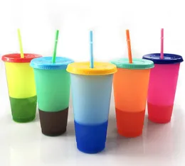 컵 뚜껑과 빨대 사탕 색상 재사용 차가운 음료 컵 마법 커피 맥주 잔 플라스틱 음주 텀블러를 변경 24온스 색상