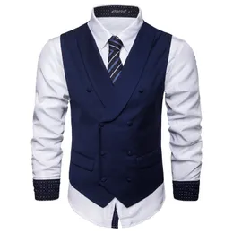 S-6XL Ny mäns bomullsblandning Business Slim Suit Vest Plus Storlek Casual Solid Färg Dubbelbröst Väst för Man Grå Svart Blå
