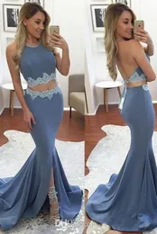 2019 New Appliqued Formal Prom Dress Two Pieces Prom Gowns Backless Mermaid Long Evening Dress Custom made cocktail party dresses 1231