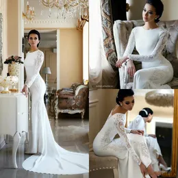 2020 New Modest Mermaid Wedding Dresses Jewel Neck Lace Appliques Crystal Beaded Long Sleeves Boho Court Train Sexy Formal Bridal Gowns