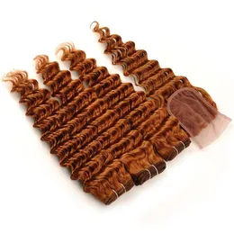 # 30 Średni Auburn Indian Virgin Human Hair 4x4 Koronki Przednia Zamknięcie Z Uwieszczeniami Głębokie Wave Faliste Medium Auburn 3 z zamknięciem 4 sztuk Lot