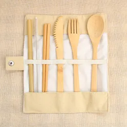 7pcs/set Bamboo Portable Cutlery Set Outdoor Travel Flatware Set Knife Chopsticks Fork Spoon Dinnerware with Canvas Bag HHAA615