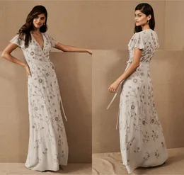 Hot Sell 2020 Mother Of The Bride Dresses V Neck Short Sleeves Beaded Appliqued Wedding Gowns Chiffon Custom Made Floor-length Mother Gown