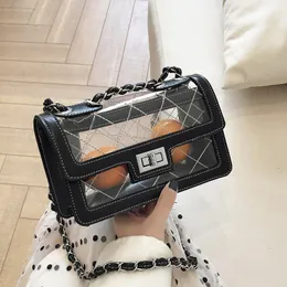 Tasarımcı fannypack omuz çantası çantalar çanta moda pvc net şeffaf elmas kafes iplik kadınlar zincir crossbody çanta düz flep