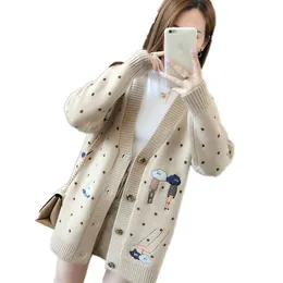 Women Sweaters Autumn Winter Outerwear Sweater V-neck Casual Knit Cardigans Cartoon Embroidery Long Sleeve Korean loose Cardigan