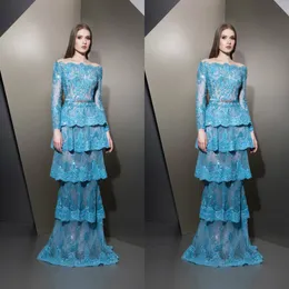 Ziad Nakad 2019 Tiered Skirts Evening Dresses Long Sleeves Lace Appliques Prom Gown Off The Shoulder Party Dress Vestido De Festa Customized