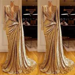 Kleider funkelndes Gold mit tiefen V -Nackenfalten Langarmes Pailletten -Mermaid -Promkleider Dubai African Special OCN Kleid 0420