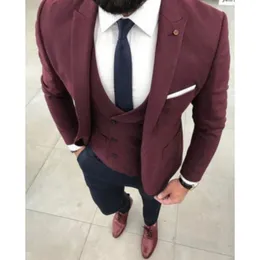 Handsome One Button Burgundy Groom Tuxedos Peak Lapel Men Suits 3 pieces Wedding/Prom/Dinner Blazer (Jacket+Pants+Vest+Tie) W643