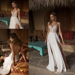 Sexy cintas de espaguete branco vestidos de casamento de praia chiffon uma linha de renda frisada criss cross dividir bohemia vestidos de noiva vestidos de soirée