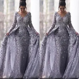 2020 Saudi Arabic Gray Muslim Evening Dresses 2020 Mermaid V-neck Long Sleeves Tulle Lace Islamic Dubai Long Formal Evening Gown239U