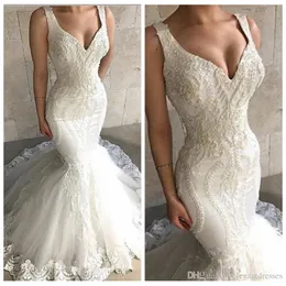 Gorgeous Slim Mermaid Wedding Dresses V-Neck Lace Appliques With Feather Adorned Bridal Gowns Formal Spring Long Vestidos De Novia Custom