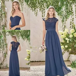 Elegant Billiga Dark Navy Long Bridesmaid Dress Two Piece Lace Maid of Honor Dress Wedding Guest Gown Custom Made Plus Size