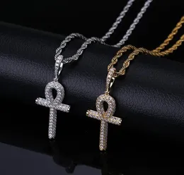 Hip Hop Egyptian Ankh Key Cross Pendant Necklace Iced Out Gold Silver Color Plated Micro Paved Zircon Pendant Necklace WY197