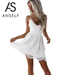 Anself Sexy White Lace Dress Women Spaghetti Strap Lace Mini Dress Deep V Backless Up Clubwear Club Party Beach Dresses1