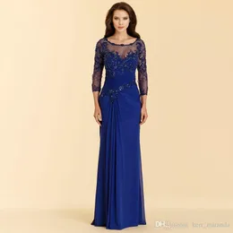 Nya vintage Royal Blue Evening Dresses High Quality Applique Chiffon Prom Party Dress Formal Event Gown Mother of the Bride Dress