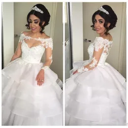 Organza Wielopoziomowa Suknia Balowa Suknia Ślubna Sama Illusion Neck Illusion Długie Rękawy Koronkowe Aplikacje Suknie Ślubne Custom Made Arabski Wedding Vestidos
