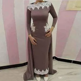 Dubai Arabic Islamic Brown Muslim Sheath Mother Of The Bride Dresses Sleeves Appliques Lace Formal Long Prom Evening Gowns