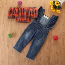 2020 Ny Baby Sommarkläder 1-6t Fashion Kid Baby Tjej Kläder Set Plaid Ballong Sleeve Vest Crop Top Denim Suspender Byxor Outfit