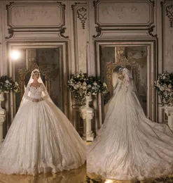 Abiti da sposa arabi di lusso Dubai Plus Size Manica lunga Applicazioni in pizzo Abiti da sposa Abito da sposa in tulle con strascico