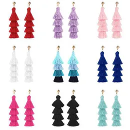 New Bohemian Purple Red Blue Gradient Color Silk Pompon Multilayer Tassels Earrings For Women Gift Jewelry