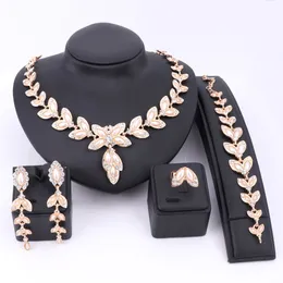 African Beads Jewelry Sets Wedding Gold Color Imitated Pearl Crystal Necklace Women Bridal Ring Bracelet Earrings Accessories