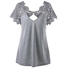 Polyester Plus Size Cutwork Lace Up Trim Loose T-Shirt Women Casual Short Sleeve Hollow Out Summer Tees Top Female Fashion Shirts Trend