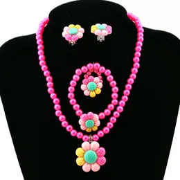 Flower Artificial Pearls Kids Girls Earrings Bracelet Necklace Ring Jewelry Set New Hot