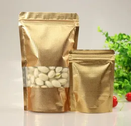 100pcs Matted Gold Stand Embossed aluminum foil zipLock bags with window Mylar foil plastic pouch Nuts sachet zipper reclosable