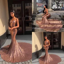 2023 Prom Dresses Sexig Bling Rose Gold paljetterade sjöjungfru Spaghetti ärmlös rygglös sveptåg Formell festklänning