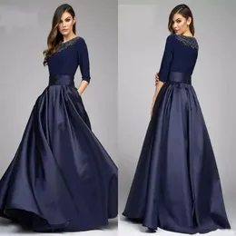 Vintage Navy A Line Mother of the Bride Groom Dresses With Half Sleeves Beaded Long Evening Formal Gowns Custom Made Mother's Dress